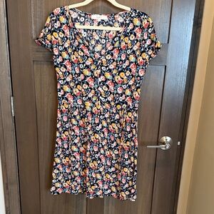 LOFT Navy Floral V-Neck Mini Dress with Pink & Yellow Flowers